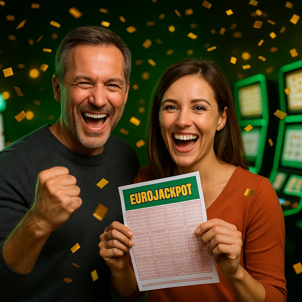 Boldog pár Eurojackpot szelvénnyel és arany konfettivel