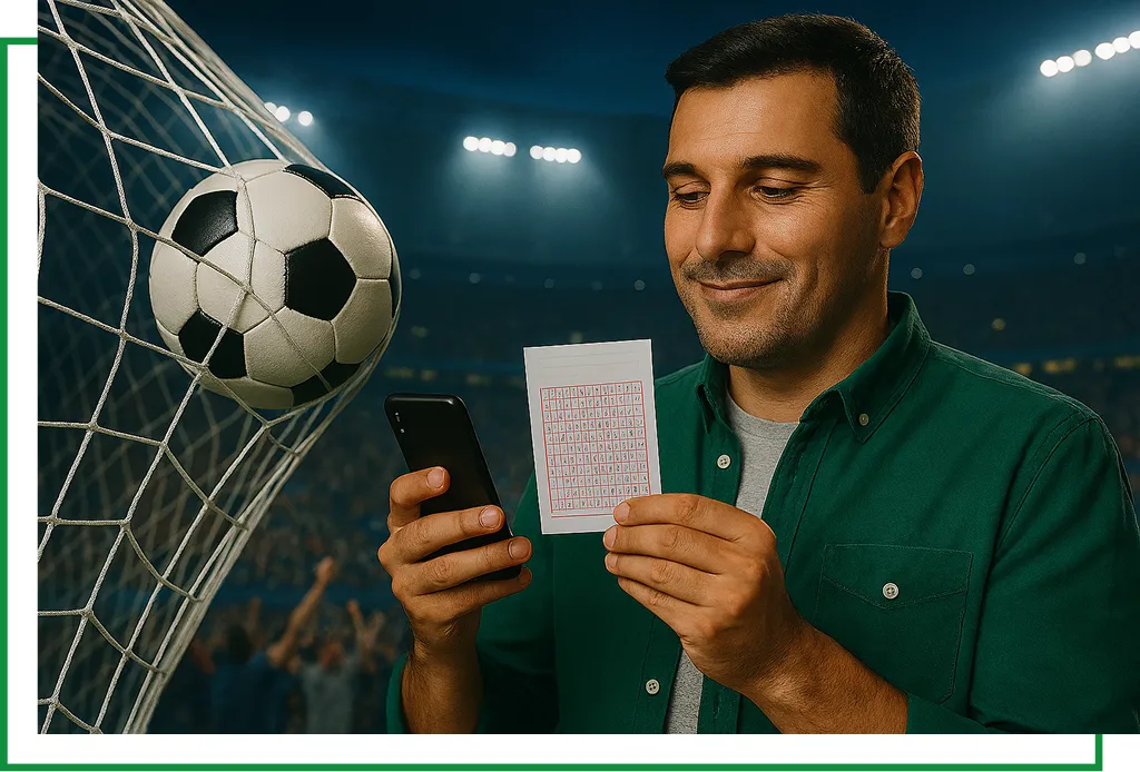 Férfi góltotószelvénnyel és mobiltelefonnal – online sportfogadás élménye