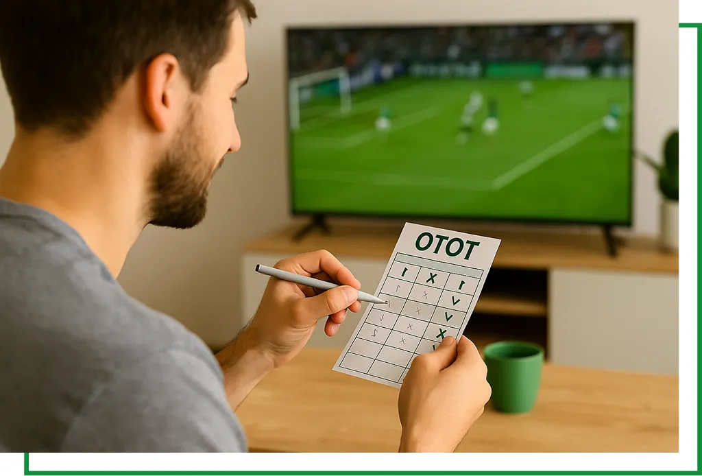 Totószelvényt kitöltő férfi focimeccs közben – online sportfogadás hangulat