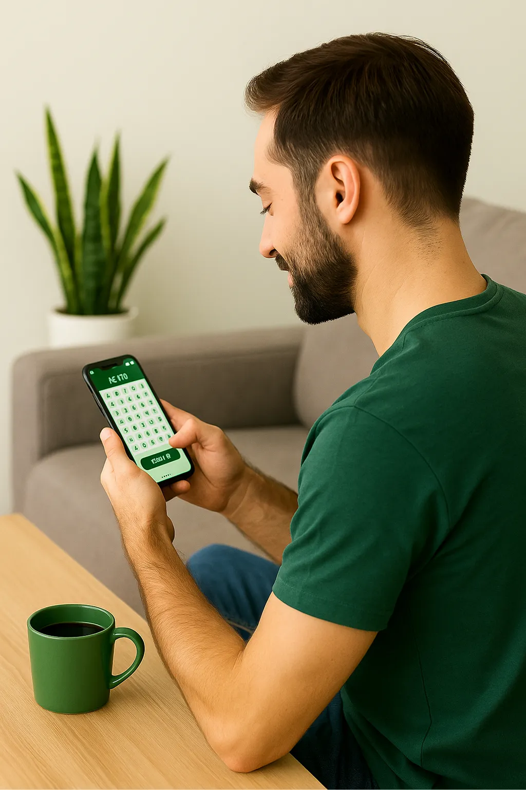 Férfi online szerencsejáték alkalmazást használ mobiltelefonon – otthoni környezetben